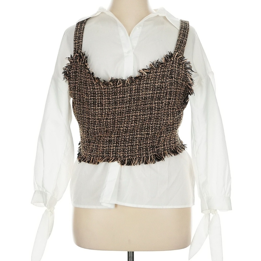 Anthropologie Brown Tweed Corset and White Button Down Top Set (2 pieces)